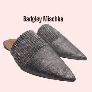 Badgley Mischka Silver Rhinestone Studded Mules Flats Size 8.5